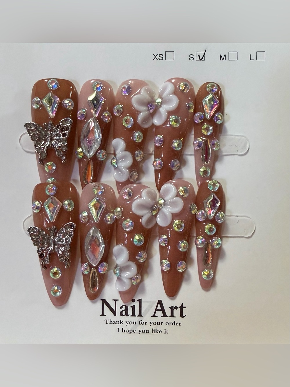 Nail Art Press-On Set in Brown with White Floral Accents